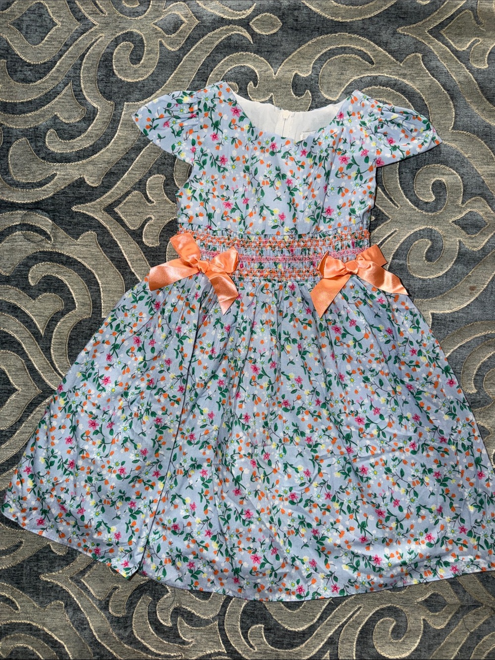 Rare Editions White Floral Dress with Peach Bow Accents